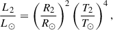 Mathematical equation: $$ \begin{aligned} \frac{L_2}{L_\odot } = \left( \frac{R_2}{R_\odot } \right)^2 \left( \frac{T_2}{T_\odot } \right)^4, \end{aligned} $$