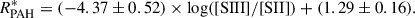 Mathematical equation: $$ \begin{aligned} {R_{\rm PAH}^*} = (-4.37 \pm 0.52)\times \log (\mathrm{[SIII]/[SII]}) + (1.29\pm 0.16). \end{aligned} $$