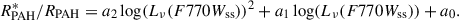 Mathematical equation: $$ \begin{aligned} {R^*_{\rm PAH}/R_{\rm PAH}} = a_2\log (L_{\nu }(F770W_{\rm ss}))^2 +a_1\log (L_{\nu }(F770W_{\rm ss})) + a_0. \end{aligned} $$