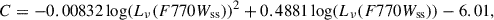 Mathematical equation: $$ \begin{aligned} C = -0.00832\log (L_{\nu }(F770W_{\rm ss}))^2 +0.4881\log (L_{\nu }(F770W_{\rm ss})) -6.01, \end{aligned} $$