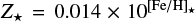 Mathematical equation: ${Z_ \star } = 0.014 \times {10^{{{\left[ {{\rm{Fe/H}}} \right]}_ \star }}}$