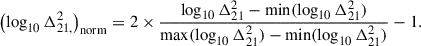 Mathematical equation: $$ \begin{aligned} \left(\log _{10}\Delta ^2_{21, }\right)_{\rm norm} = 2 \times \frac{\log _{10}\Delta ^2_{21} - \min (\log _{10}\Delta ^2_{21} )}{\max (\log _{10}\Delta ^2_{21} ) - \min (\log _{10}\Delta ^2_{21} )} - 1. \end{aligned} $$