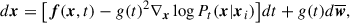 Mathematical equation: $$ \begin{aligned} d\boldsymbol{x} = \big [\boldsymbol{f}(\boldsymbol{x},t) - g(t)^2 \nabla _{\boldsymbol{x}} \log P_{t} (\boldsymbol{x}|\boldsymbol{x}_i) \big ] dt + g(t) d\boldsymbol{\overline{w}}, \end{aligned} $$