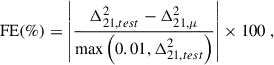 Mathematical equation: $$ \begin{aligned} \mathrm{FE (\%)} = \left|\frac{\Delta ^2_{21, test} - \Delta ^2_{21, \mu }}{\max \left(0.01, \Delta ^2_{21, test}\right)} \right| \times 100 ~ , \end{aligned} $$