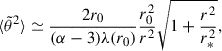 Mathematical equation: $$ \begin{aligned} {\langle \tilde{\theta }^2 \rangle } \simeq \frac{2r_0}{(\alpha -3)\lambda (r_0)} \frac{r_0^2}{r^2}\sqrt{1 + \frac{r^2}{r_*^2}}, \end{aligned} $$