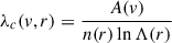 Mathematical equation: $$ \begin{aligned} \lambda _c({ v}, r) = \frac{A(v)}{n(r) \ln \Lambda (r)} \end{aligned} $$