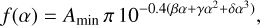 Mathematical equation: f(\alpha) = A_{\text{min}} \,\pi \,10^{-0.4(\beta \alpha + \gamma \alpha^2 + \delta \alpha^3)},