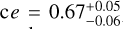 Mathematical equation: $\mathrm{c}\left(e=0.67_{-0.06}^{+0.05}\right)$
