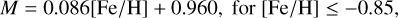 Mathematical equation: M = 0.086\mathrm{[Fe/H]} + 0.960, \mathrm{\ for\ \mathrm{[Fe/H]}\leq -0.85,}