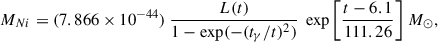Mathematical equation: $$ \begin{aligned} M_{Ni} = (7.866 \times 10^{-44})\ \frac{L(t)}{1-\exp (-(t_{\gamma }/t)^2)}\ \exp {\left[\frac{t - 6.1}{111.26}\right]} \ M_\odot , \end{aligned} $$