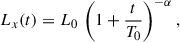 Mathematical equation: $$ \begin{aligned} L_x(t) = L_0\,\left(1 + \frac{t}{T_0}\right)^{-\alpha }, \end{aligned} $$