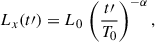 Mathematical equation: $$ \begin{aligned} L_x(t\prime ) = L_0\,\left(\frac{t\prime }{T_0}\right)^{-\alpha }, \end{aligned} $$