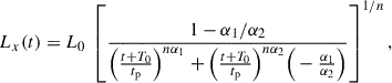 Mathematical equation: $$ \begin{aligned} L_x(t) = L_0\ \left[ \frac{1 - \alpha _1/\alpha _2}{\Big (\frac{t+T_0}{t_{\rm p}}\Big )^{n\alpha _1} + \Big (\frac{t+T_0}{t_{\rm p}}\Big )^{n\alpha _2} \Big (-\frac{\alpha _1}{\alpha _2}\Big )} \right]^{1/n}, \end{aligned} $$