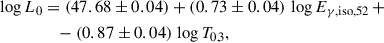Mathematical equation: $$ \begin{aligned} \log {L_0}&= (47.68\pm 0.04) + (0.73\pm 0.04)\,\log {E_{{\gamma ,\mathrm{iso}},52}}\, + \\\nonumber&\quad - (0.87\pm 0.04)\,\log {T_{0,3}}, \end{aligned} $$
