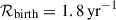 Mathematical equation: $ \mathcal{R}_\mathrm{{birth}} = 1.8\,\rm{yr}^{-1} $