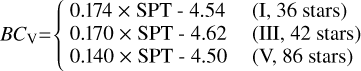 Mathematical equation: \BCv $=$ & $\left\{\begin{tabular}{@{\ }ll} 0.174 $\times$ SPT - 4.54 & (I, 36 stars) \\0.170 $\times$ SPT - 4.62 & (III, 42 stars) \\ 0.140 $\times$ SPT - 4.50 & (V, 86 stars)\end{tabular}\right.$ \\