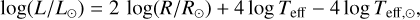 Mathematical equation: &&\log(L/L_{\odot}) = 2\,\log(R/R_{\odot}) + 4 \log T_{\rm eff} - 4 \log T_{\rm eff, \odot},\\