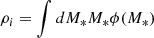 Mathematical equation: $$ \begin{aligned} \rho _i = \int dM_* M_* \phi (M_*) \end{aligned} $$