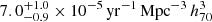 Mathematical equation: $ 7.0^{+1.0}_{-0.9} \times 10^{-5} \, \mathrm{yr}^{-1} \, \mathrm{Mpc}^{-3} \, h^{3}_{70} $