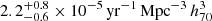 Mathematical equation: $ 2.2^{+0.8}_{-0.6} \times 10^{-5} \, \mathrm{yr}^{-1} \, \mathrm{Mpc}^{-3} \, h^{3}_{70} $