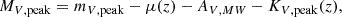 Mathematical equation: $$ \begin{aligned} M_{V, \mathrm{peak}} = m_{V, \mathrm{peak}} - \mu (z) - A_{V,MW} - K_{V, \mathrm{peak}}(z), \end{aligned} $$
