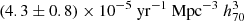 Mathematical equation: $ (4.3\pm{0.8}) \times 10^{-5} \ \mathrm{yr}^{-1} \ \mathrm{Mpc}^{-3} \ h^{3}_{70} $