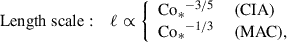 Mathematical equation: $$ \begin{aligned} \mathrm{Length~scale}&: \ \ \ \ell \propto \left\{ \begin{array}{ll} \mathrm{Co_*} ^{-3/5}&\ (\mathrm{CIA} ) \\ \mathrm{Co_*} ^{-1/3}&\ (\mathrm{MAC} ), \end{array} \right. \end{aligned} $$