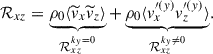 Mathematical equation: $$ \begin{aligned} \mathcal{R} _{xz} = \underbrace{\rho _0 \langle \widetilde{v}_x \widetilde{v}_z \rangle }_{\mathcal{R} _{xz}^{k_y = 0}} + \underbrace{\rho _0 \langle v^{\prime (y)}_x v^{\prime (y)}_z \rangle }_{\mathcal{R} _{xz}^{k_y \ne 0}}. \end{aligned} $$