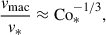 Mathematical equation: $$ \begin{aligned} \frac{v_{\rm mac}}{v_*}&\approx \mathrm{Co} _*^{-1/3}, \end{aligned} $$