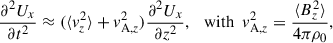 Mathematical equation: $$ \begin{aligned} \frac{\partial ^{2} U_{x}}{\partial t^{2}} \approx (\langle v_{z}^{2}\rangle + v_{\mathrm{A} ,z}^{2} )\frac{\partial ^{2} U_{x}}{\partial z^{2}}, \ \ \ \mathrm{with} \ \ v_{\mathrm{A} ,z}^{2} = \frac{\langle B_{z}^{2}\rangle }{4\pi \rho _{0}}, \end{aligned} $$