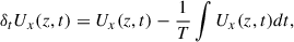 Mathematical equation: $$ \begin{aligned} \delta _t U_x (z,t) = U_x(z,t) - \frac{1}{T}\int U_x(z,t) dt, \end{aligned} $$