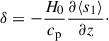 Mathematical equation: $$ \begin{aligned} \delta = -\frac{H_0}{c_{\rm p}}\frac{\partial \langle s_1 \rangle }{\partial z}\cdot \end{aligned} $$