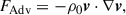 Mathematical equation: $$ \begin{aligned} F_{\rm Adv}&=-\rho _{0}\boldsymbol{v}\cdot \nabla \boldsymbol{v},\end{aligned} $$