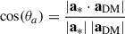 Mathematical equation: $$ \begin{aligned} \cos (\theta _a) = \frac{ | \mathbf a _{*} \cdot \mathbf a _\mathrm{DM} | }{|\mathbf a _{*}|\,|\mathbf a _\mathrm{DM} |} \end{aligned} $$