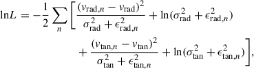 Mathematical equation: $$ \begin{aligned} \mathrm{{ln}}L = - \frac{1}{2} \sum _{n} \Bigg [&\frac{(v_{\mathrm{{rad}},n}-v_{\rm {rad}})^2}{\sigma _{\rm {rad}}^2+\epsilon _{\mathrm{{rad}},n}^2} + \mathrm{{ln}}(\sigma _{\rm {rad}}^2+\epsilon _{\mathrm{{rad}},n}^2) \nonumber \\&+ \frac{(v_{\mathrm{{tan}},n}-v_{\rm {tan}})^2}{\sigma _{\rm {tan}}^2+\epsilon _{\mathrm{{tan}},n}^2} + \mathrm{{ln}}(\sigma _{\rm {tan}}^2+\epsilon _{\mathrm{{tan}},n}^2) \Bigg ], \end{aligned} $$