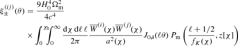 Mathematical equation: $$ \begin{aligned} \xi _\pm ^{(ij)}(\theta )&=\frac{9H_0^4\Omega _{\rm m}^2}{4c^4}\nonumber \\&\times \int _0^{\chi _{\rm h}} \!\!\!\!\int _0^\infty \frac{\mathrm{d}\chi \,\mathrm{d}\ell \,\ell }{2\pi } \frac{\overline{W}^{(i)}\!(\chi )\overline{W}^{(j)}\!(\chi )}{a^2(\chi )} J_{0,4}(\ell \theta )\, P_{\rm m}\left(\frac{\ell +1/2}{f_{K}(\chi )},z[\chi ]\right) \end{aligned} $$