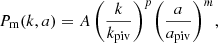 Mathematical equation: $$ \begin{aligned} P_\mathrm{m} (k,a) = A\, \bigg (\frac{k}{k_\mathrm{piv} }\bigg )^p \bigg (\frac{a}{a_\mathrm{piv} }\bigg )^m, \end{aligned} $$