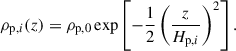 Mathematical equation: $$ \begin{aligned} \rho _{{\mathrm{p} },i} (z) = \rho _{{\mathrm{p} },0} \exp \left[ -\frac{1}{2} \left( \frac{z}{H_{{\mathrm{p} },i}}\right)^2 \right]. \end{aligned} $$