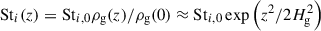 Mathematical equation: $ \mathrm{St}_{i}(z) = \mathrm{St}_{i,0} \rho_{\mathrm{g}}(z)/\rho_{\mathrm{g}}(0) \approx \mathrm{St}_{i,0} \exp \left(z^{2}/ 2 H_{\mathrm{g}}^{2}\right) $