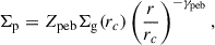 Mathematical equation: $$ \begin{aligned} \Sigma _{{\mathrm{p} }}= Z_{\mathrm{peb} } \Sigma _{\mathrm{g} }(r_{c}) \left( \frac{r}{r_{c}}\right)^{-\gamma _{\mathrm{peb} }}, \end{aligned} $$