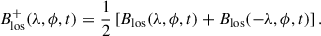 Mathematical equation: $$ \begin{aligned} B_{\rm los}^{+} (\lambda , \phi , t) = \frac{1}{2} \left[B_{\rm los}(\lambda , \phi , t) + B_{\rm los}(-\lambda , \phi , t)\right]. \end{aligned} $$