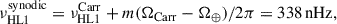 Mathematical equation: $$ \begin{aligned} \nu _{\rm HL1}^\mathrm{synodic} = \nu _{\rm HL1}^\mathrm{Carr}+ m(\Omega _{\rm Carr}-\Omega _{\oplus })/2\pi = 338\,\mathrm{nHz}, \end{aligned} $$