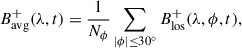 Mathematical equation: $$ \begin{aligned} B_{\rm avg}^{+} (\lambda , t) = \frac{1}{N_\phi } \sum _{|\phi |\le 30^\circ } B_{\rm los}^{+} (\lambda , \phi , t), \end{aligned} $$