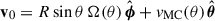 Mathematical equation: $ {\mathbf{v}}_0 = R\sin\theta\, \Omega(\theta)\, \hat{\boldsymbol{\phi}} + v_{\mathrm{MC}}(\theta)\, \hat{\boldsymbol{\theta}} $
