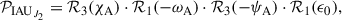 Mathematical equation: $$ \begin{aligned} \mathcal{P} _{\mathrm{IAU}_{J_2}}=\mathcal{R} _3(\chi _{\rm A})\cdot \mathcal{R} _1(-\omega _{\rm A})\cdot \mathcal{R} _3(-\psi _{\rm A})\cdot \mathcal{R} _1(\epsilon _0), \end{aligned} $$
