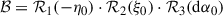 Mathematical equation: $$ \begin{aligned} {\mathcal{B} } = {\mathcal{R} }_1(-\eta _0)\cdot {\mathcal{R} }_2(\xi _0)\cdot {\mathcal{R} }_3(\mathrm{d}\alpha _0) \end{aligned} $$