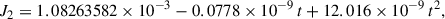 Mathematical equation: $$ \begin{aligned} J_2 = 1.08263582\times 10^{-3}-0.0778\times 10^{-9}\,t+12.016\times 10^{-9}\,t^2, \end{aligned} $$