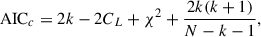 Mathematical equation: $$ \begin{aligned} \mathrm{AIC} _c=2k-2C_L+\chi ^2+\frac{2k(k+1)}{N-k-1}, \end{aligned} $$