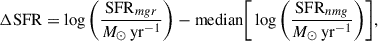 Mathematical equation: $$ \begin{aligned} \Delta \mathrm{SFR} = \log \bigg (\frac{\mathrm{SFR}_{mgr}}{M_{\odot }\,\mathrm{yr}^{-1}}\bigg ) - \mathrm{median}\bigg [ \log \bigg (\frac{\mathrm{SFR}_{nmg}}{M_{\odot }\,\mathrm{yr}^{-1}}\bigg ) \bigg ], \end{aligned} $$