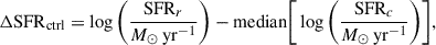 Mathematical equation: $$ \begin{aligned} \Delta \mathrm{SFR}_{\rm ctrl} = \log \bigg (\frac{\mathrm{SFR}_{r}}{M_{\odot }\,\mathrm{yr}^{-1}}\bigg ) - \mathrm{median} \bigg [ \log \bigg (\frac{\mathrm{SFR}_{c}}{M_{\odot }\,\mathrm{yr}^{-1}}\bigg ) \bigg ], \end{aligned} $$